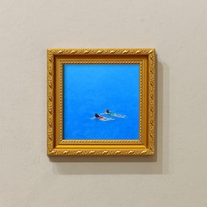 Small Framed Original Art, 5x5 Canvas Artwork, Gift For Friends, Gold Frame Wall Decor, Two Women Swimming In Blue Ocean