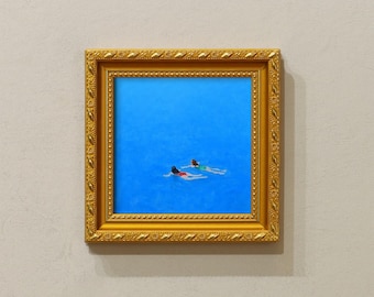 Small Framed Original Art, 5x5 Canvas Artwork, Gift For Friends, Gold Frame Wall Decor, Two Women Swimming In Blue Ocean