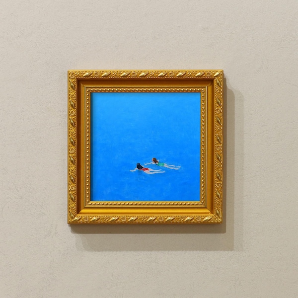 Small Framed Original Art, 5x5 Canvas Artwork, Gift For Friends, Gold Frame Wall Decor, Two Women Swimming In Blue Ocean