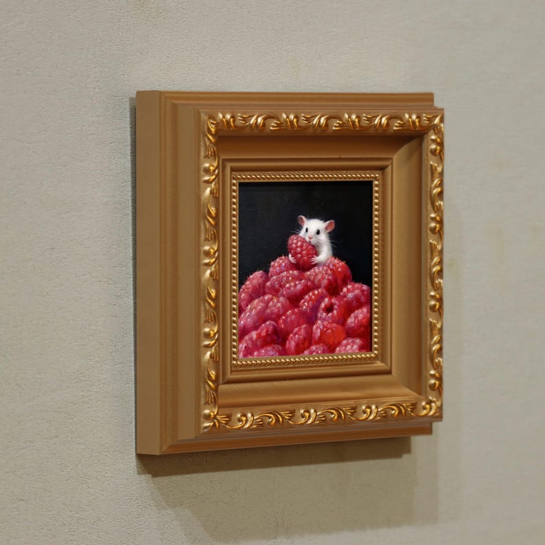 Strawberry Mouse - 5x5 inch Original Oil Painting - Whimsical Animal Art for Kitchen or Nursery Decor image 4