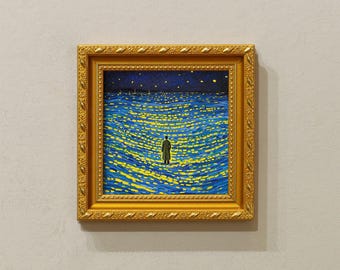 Original Framed Oil Painting, Van Gogh Style, Man In Starry Sky, 5x5 Canvas