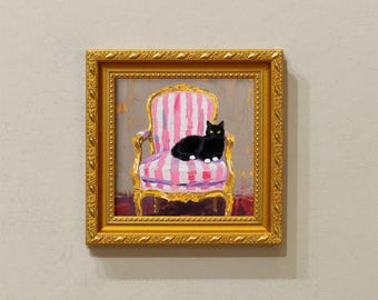 Small Framed Oil Painting Art: Black Cat On The Sofa, Origin Oil Painting With Gold Frame, Optional Size