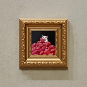 Strawberry Mouse - 5x5 inch Original Oil Painting - Whimsical Animal Art for Kitchen or Nursery Decor image 3