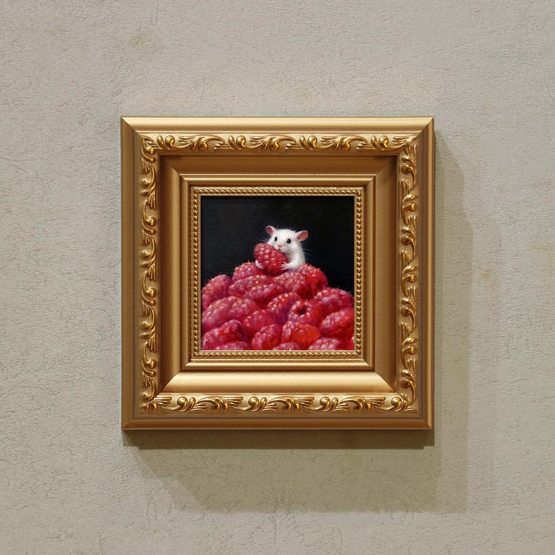 Strawberry Mouse - 5x5 inch Original Oil Painting - Whimsical Animal Art for Kitchen or Nursery Decor image 3