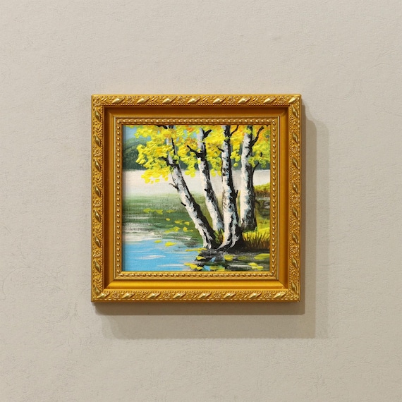 Small Framed Original Art, 5x5 Canvas Artwork- Golden Frame Wall Decor