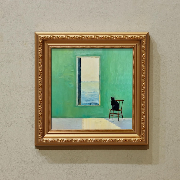 Small Hand-Painted Oil Painting - Black Cat on a Green Wall by the Window