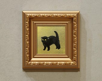 Original Small Gold Foil Painting - Angry Black Cat - Minimalist Oil Painting - Gallery Wall Decor