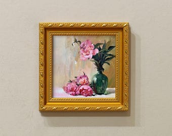 Small Framed Original Oil Painting:Peony Flowers, 9x9 Inch Still Life Painting