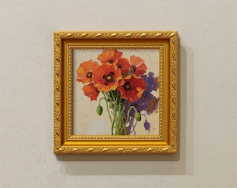 Framed Red Flower Oil Painting, 5x5 Canvas, Kitchen Wall Art
