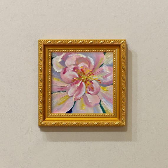 Small Framed Oil Painting,Pink Flower,5x5 Still Life Art on Canvas