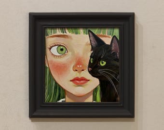 Small Framed Original Oil Painting,7x7 Inch Hand Painted Canvas Art, Girl with Black Cat Portrait