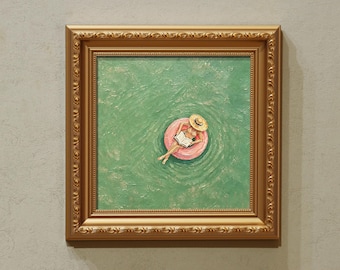 Original Oil Painting, Woman Reading on Pink Pool Float, Wall Art, Small Framed Artwork