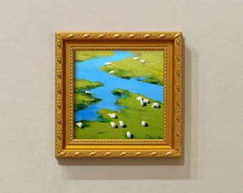 Seen und Herden,kleines Original Ölgemälde mit Goldrahmen,Landschaftsmalerei,5x5 Zoll