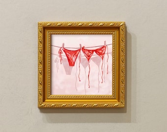 Dipinto a mano con cornice a olio, opera d'arte su tela da 5 x 5 pollici, regalo per gli amici, decorazione da parete per il bagno, bikini rosso