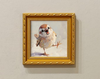 Dipinto ad olio di un uccellino che canta – Un'opera d'arte fantasiosa realizzata con la spatola, un uccellino grazioso per decorare il soggiorno.