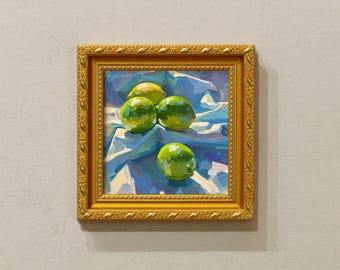Small Framed Oil Painting: Lemons,Gold Frame,Kitchen Fruit Wall Decor,Available Sizes