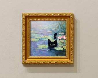 Monet e il gatto nero, piccolo dipinto ad olio con cornice dorata, da 5 a 9 pollici
