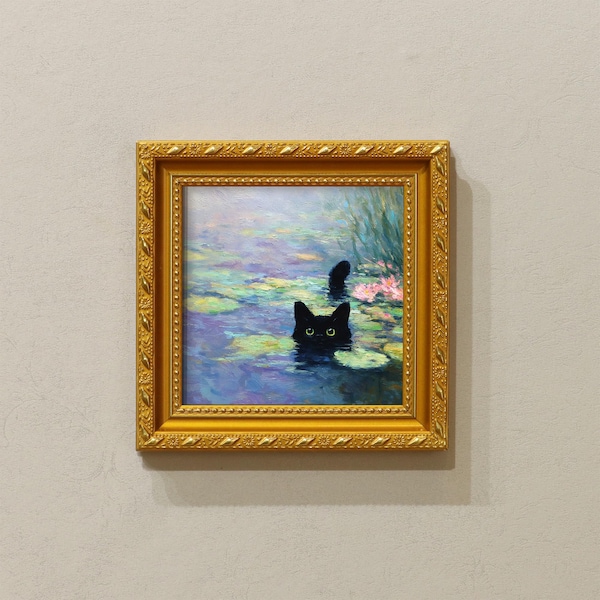 Monet And The Black Cat,Small Oil Painting With Gold Frame,5 To 9 Inches