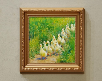 Sunlit Duck Parade Oil Painting - Countryside Animal Wall Decor