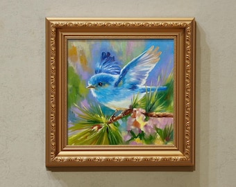 Small Oil Painting, Bluebird in Flight, 5-Inch Hand-Painted Artwork on Canvas, Gift for Friend