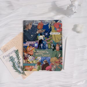 May include: A notebook with a collage design from the film "Howl's Moving Castle." The design incorporates characters, text, and a starry night sky. The text "Find me in the future!" is visible.