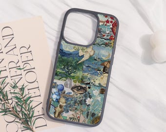 May include: A phone case with a collage design featuring a dove, musical notes, and other artistic elements. The case has a gray border and is lying on a book with the text "CORNER AND DEVELOPER".