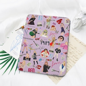May include: A purple background with a pattern of various album covers and illustrations from Taylor Swift's music career. The album titles include "Fearless", "Speak Now", "Red", "1989", "Reputation", "Lover", "Folklore", and "evermore".