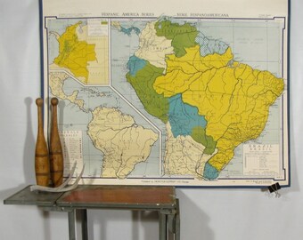 Vintage School Map Brazil Spanish and English Industrial Decor