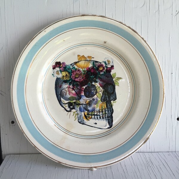 Skull China Vintage Altered Plate Floral Crowned Skull