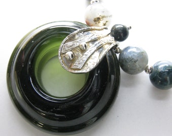 Forest Green Bottle Donut with Silver and Stone Beads nd05