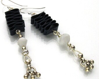 White Stone Navy Wiggle Earrings with Silver Dangles