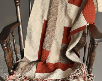 Rusty Multi Textured Block Patterned Fringed Shawl