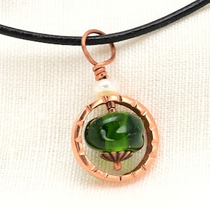 Bright Green Lampwork Bead in a Copper Circle, on Black Leather lamp73