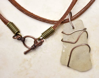 Rectangle Sea Glass Wrapped in Copper on Leather