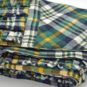 May include: Folded green, navy, yellow, and white plaid fabric. The fabric has a textured appearance and is likely a flannel or similar material. The plaid pattern is a classic design, suitable for shirts, blankets, or other apparel.