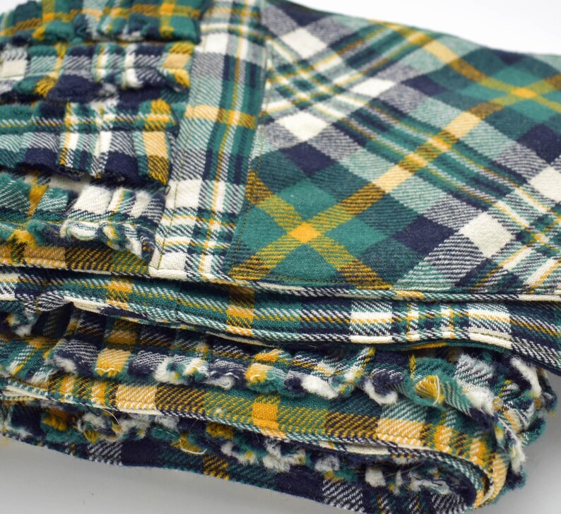 May include: Folded green, navy, yellow, and white plaid fabric. The fabric has a textured appearance and is likely a flannel or similar material. The plaid pattern is a classic design, suitable for shirts, blankets, or other apparel.