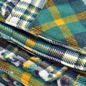 May include: Close-up of a stack of fabric with a plaid pattern. The plaid design features a combination of green, yellow, navy blue, and white. The fabric appears to be soft and textured, with visible stitching.