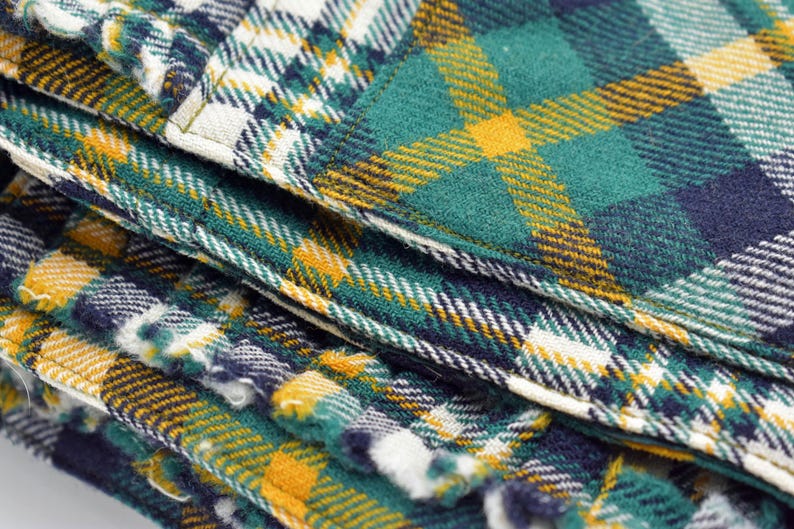 May include: Close-up of a stack of fabric with a plaid pattern. The plaid design features a combination of green, yellow, navy blue, and white. The fabric appears to be soft and textured, with visible stitching.