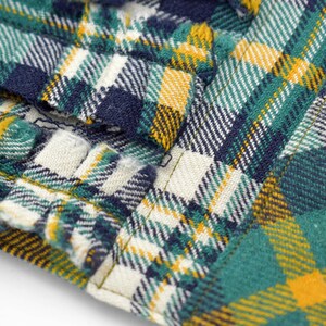 May include: Close-up of a plaid fabric in shades of green, navy, yellow, and white. The fabric has a textured appearance with visible stitching and a classic check pattern. The image highlights the details of the woven material.