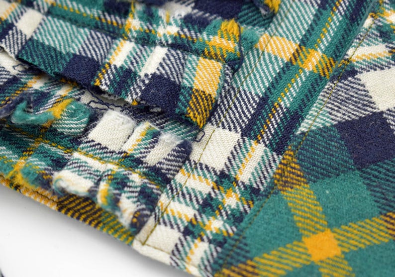 May include: Close-up of a plaid fabric in shades of green, navy, yellow, and white. The fabric has a textured appearance with visible stitching and a classic check pattern. The image highlights the details of the woven material.