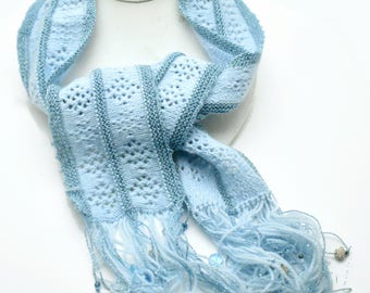 Handmade Powder Blue Lace Skinny Scarf with Sparkles