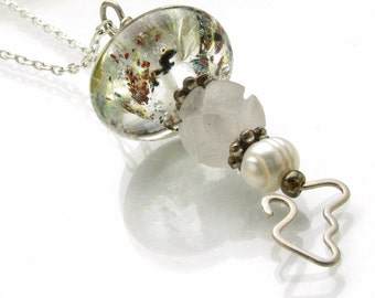 Lamp Work Bead with Copper Inclusions a Carved Quartz Bead and a Pearl lamp46