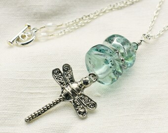 Silver Dragonfly Charm Pendant with Pale Aqua Beads on a Chain lamp 80