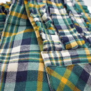 May include: Close-up of a plaid fabric in shades of teal, navy, yellow, and white. The fabric has a woven texture and a classic plaid pattern. The image highlights the details of the fabric's weave and color variations.