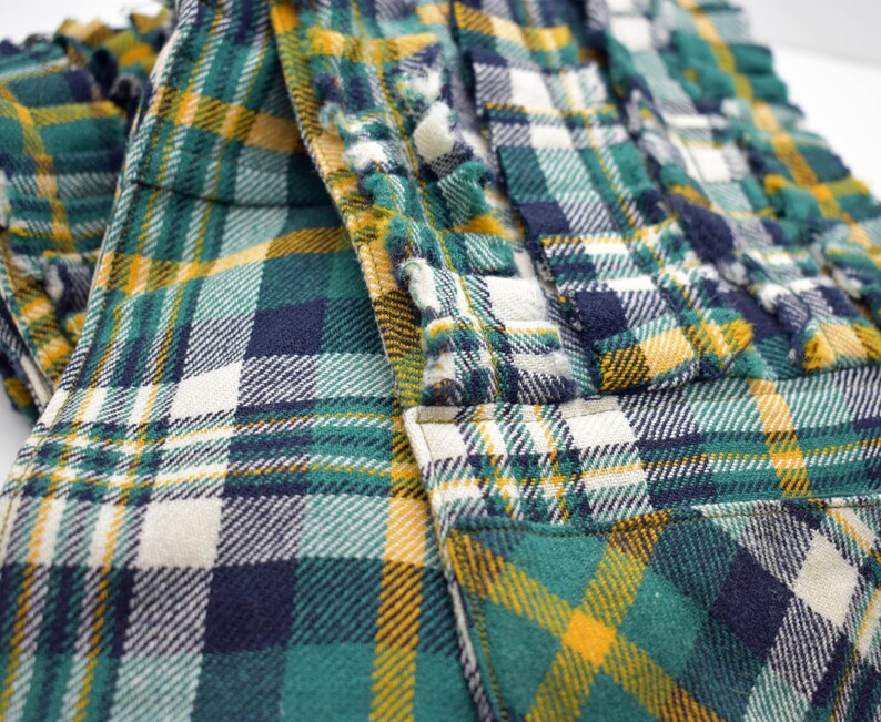 May include: Close-up of a plaid fabric in shades of teal, navy, yellow, and white. The fabric has a woven texture and a classic plaid pattern. The image highlights the details of the fabric's weave and color variations.