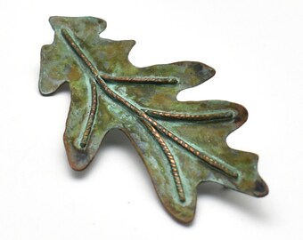 Copper Leaf Pin with Green Patina--Narrow