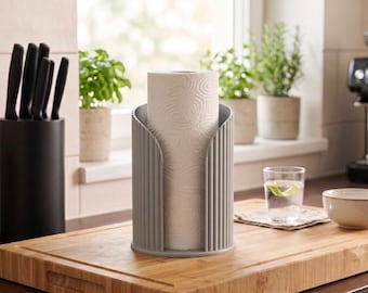 Modern Fluted Paper Towel Holder | Minimalist Countertop Kitchen Roll Stand | Ribbed Dispenser in Black, White & Grey | Kitchen Organizer