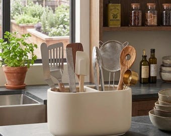 Modern Minimalist Utensil Holder | Divided Kitchen Organizer Crock | Matte Countertop Storage | Boho Kitchen Decor | Housewarming Gift