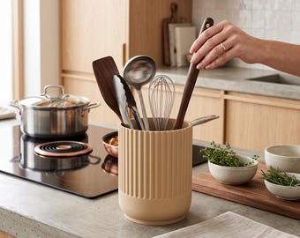 Fluted Kitchen Utensil Holder | Japandi Style Minimalist Organizer | Modern Ribbed Countertop Storage Crock