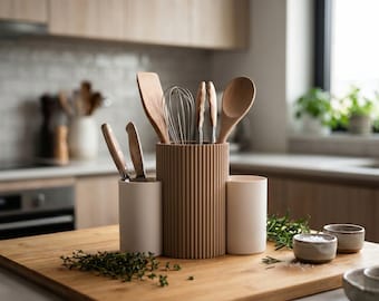 Modern Fluted Kitchen Utensil Holder, 3 Cup Combo Utensil Caddy, Minimalist Countertop Organizer, Cooking Tool Holder, Housewarming Gift